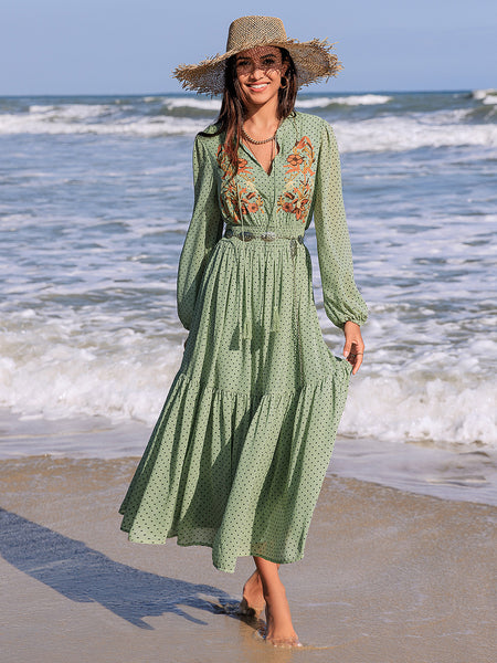 Embroidered Polka Dot Tie Neck Long Sleeve Midi Dress - Image 12
