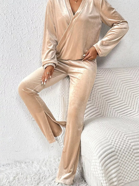 Plus Size Surplice Long Sleeve Top and Pants Set - Image 3