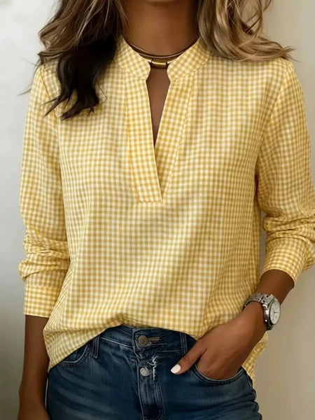 Full Size Plaid Notched Long Sleeve Blouse Plus Size - Image 3