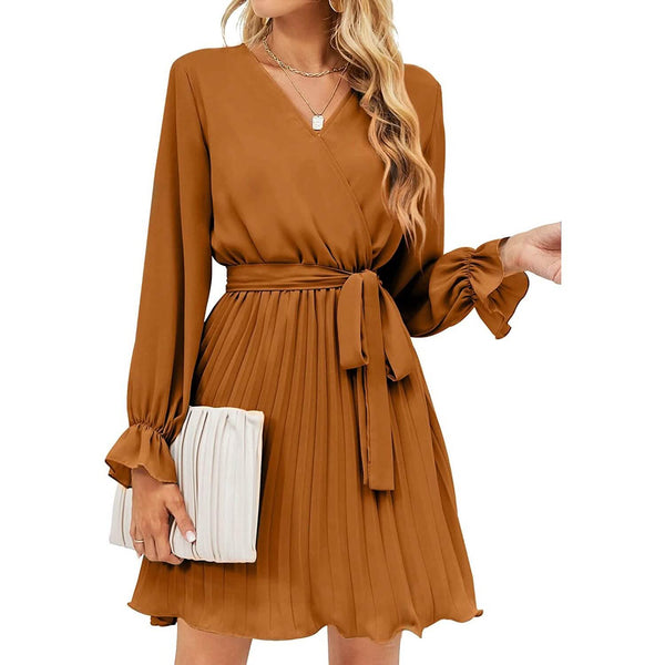 Womens Wrap V Neck Pleated Long Sleeve Mini Dresses - Image 5