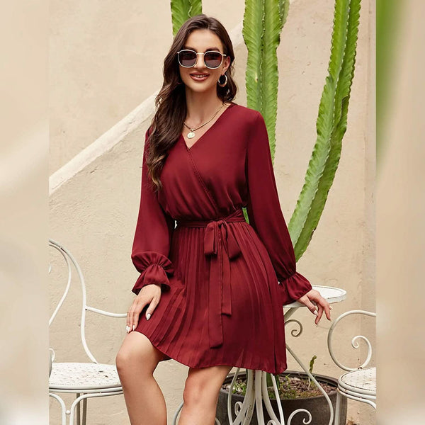 Womens Wrap V Neck Pleated Long Sleeve Mini Dresses - Image 11