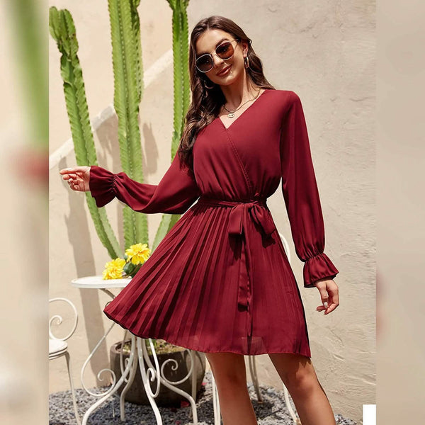 Womens Wrap V Neck Pleated Long Sleeve Mini Dresses - Image 12