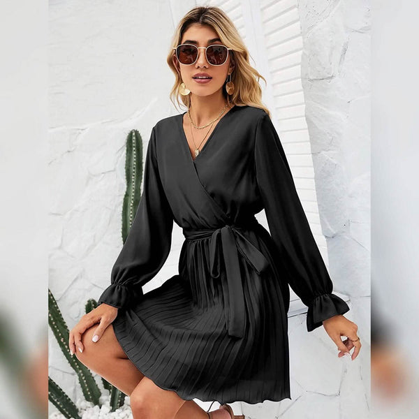 Womens Wrap V Neck Pleated Long Sleeve Mini Dresses - Image 4