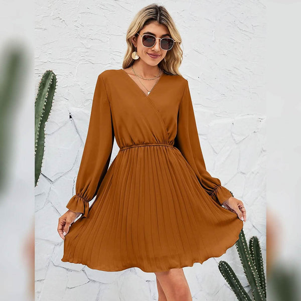Womens Wrap V Neck Pleated Long Sleeve Mini Dresses - Image 6
