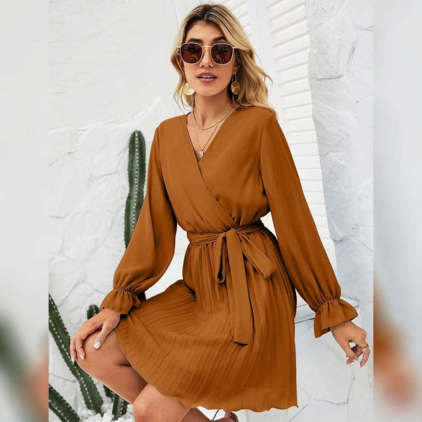 Womens Wrap V Neck Pleated Long Sleeve Mini Dresses - Image 8