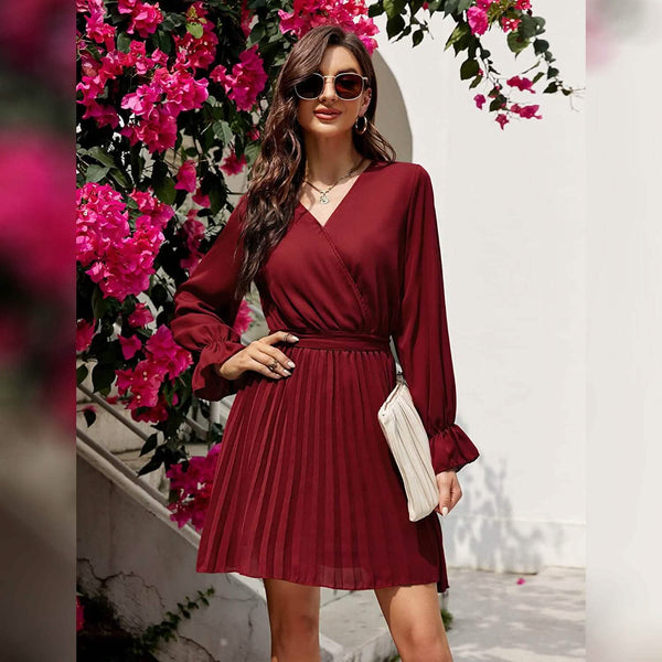 Womens Wrap V Neck Pleated Long Sleeve Mini Dresses - Image 10