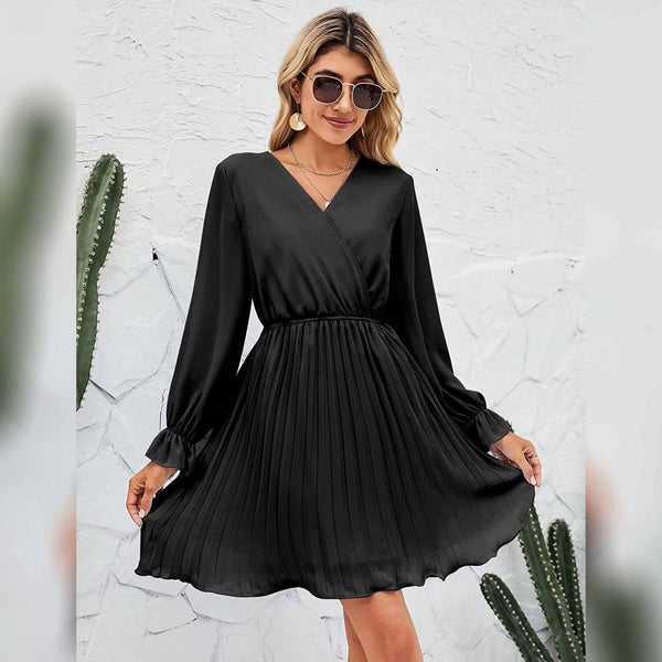 Womens Wrap V Neck Pleated Long Sleeve Mini Dresses - Image 2