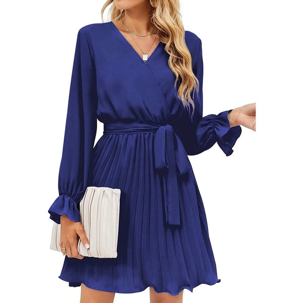 Womens Wrap V Neck Pleated Long Sleeve Mini Dresses - Image 13