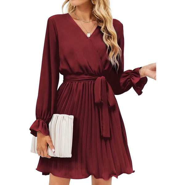 Womens Wrap V Neck Pleated Long Sleeve Mini Dresses - Image 9